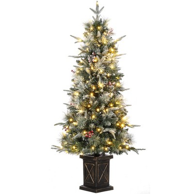 4.5ft Pre-Lit Artificial Christmas Tree, with Pine Needles, 108 Warm Lights, Lighting Vintage Potted Base, Easy Assembly, for Indoor Holiday Decor