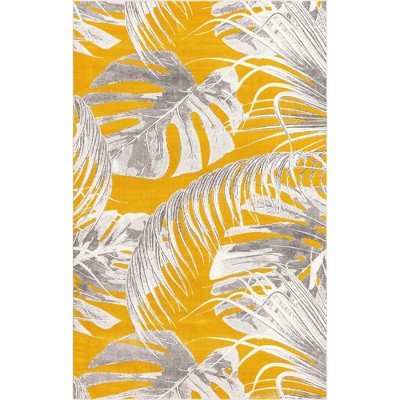 Yellow and Ivory Floral Rectangular Synthetic Rug