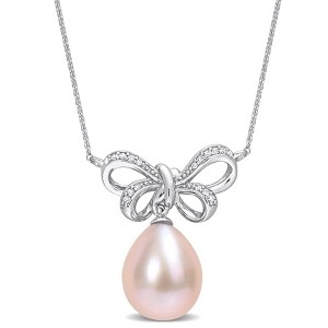 EVERLY JEWELRY | 10K White Gold 9.5-10mm Cultured Freshwater Pink Pearl and Diamond Accent Bow Necklace - 17 inch - 1 of 4