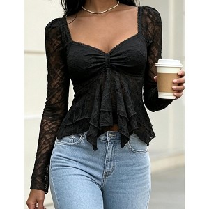 YESFASHION Women Sweetheart Neck Ruched Bust Floral Lace Long
