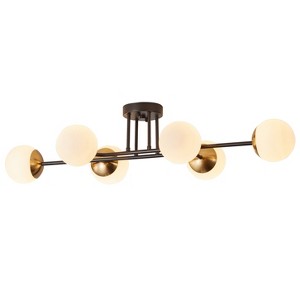 Dewdrop Modern 6-Light Semi Flush Mount Ceiling Light, Black and Gold Sputnik Chandelier with Globe Glass Shades for Living Room Bedroom Dining Room - 1 of 4