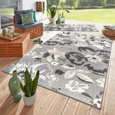 Gray Floral Synthetic Rectangular Indoor/Outdoor Area Rug 8' x 10'