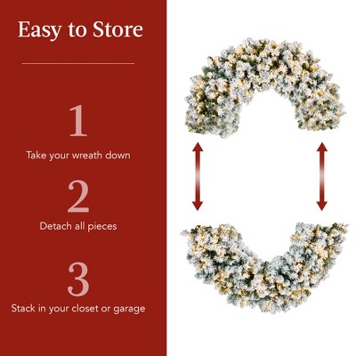 48-Inch Flocked Fir Christmas Wreath with Red Bow and LED Lights