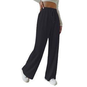 Women's Wide Leg Stretchy Ribbed Pants Pull On Lounge Trousers Drawstring Waist Yoga Textured Slacks - 1 of 4