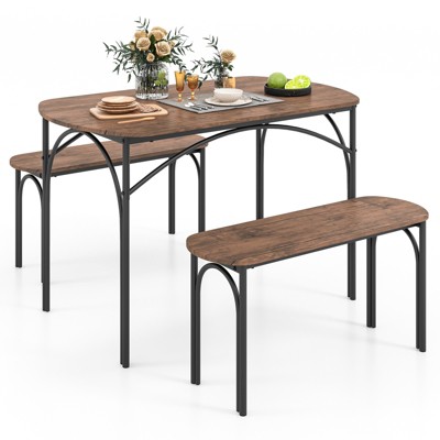 Tangkula 3-Piece Dining Table Set for 4 48” Wooden Rectangular Table & 2 Benches w/ Metal Frame