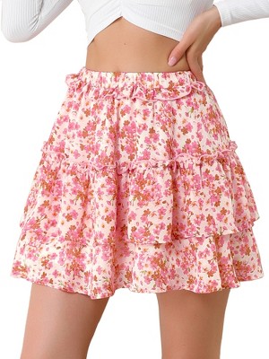 INSPIRE CHIC Women's Layered Ruffle Hem Elastic Waist A-Line Skater Floral Mini Skirt