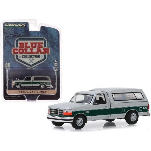 1996 Ford F 150 Xlt Pickup Truck With Camper Shell Silver With Green Stripe 164 Diecast Model Car By Greenlight