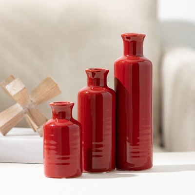 Red Ceramic Bottle Vase Set in Three Sizes