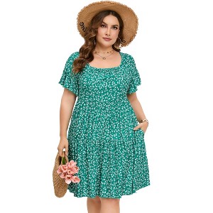 Plus Size Dress Plus Size Dress Ruffle Sleeve Flowy Dress with Pockets blue white flower 2XL - 1 of 4