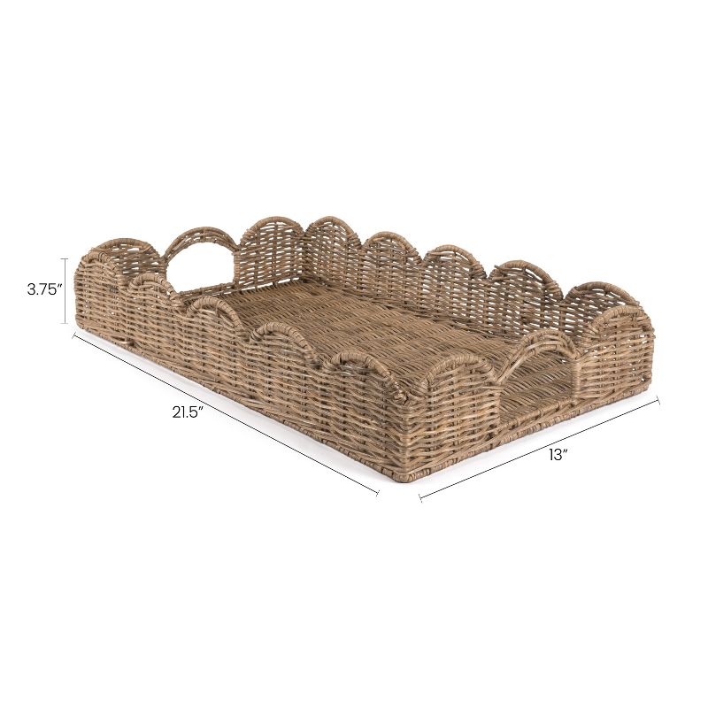 happimess Scalloped 21.5" Southwestern Cottage Hand-Woven Rattan Tray with Handles, Natural, 5 of 10