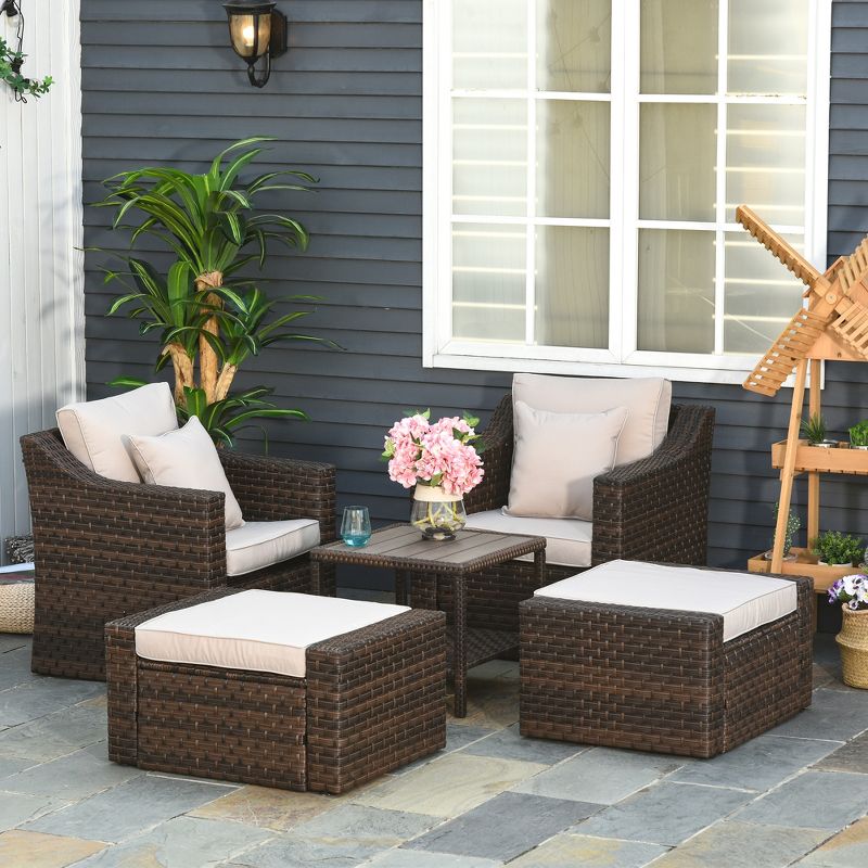 Outsunny 5 Piece Patio Furniture Set, All Weather PE Rattan Conversation Chair & Ottoman Set w/ Table, Cushions & Pillows Included, 2 of 9
