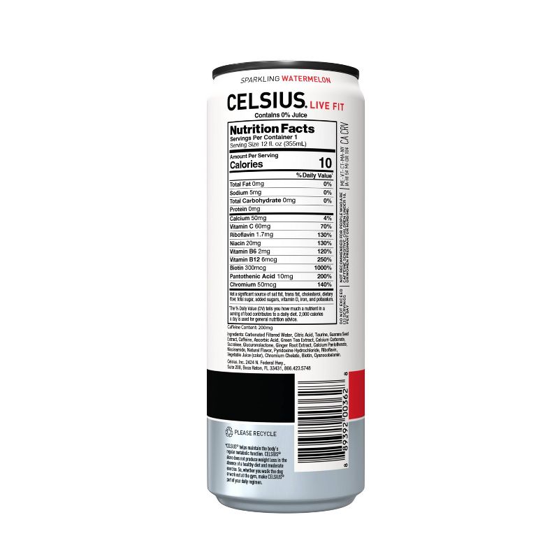 Celsius Sparkling Watermelon Energy Drink - 12 fl oz Can, 4 of 7