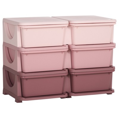 Qaba 3 Tier Kids Storage Unit with 6 Drawers Chest Toy Organizer Plastic Bins for Kids Bedroom Nursery Living Room for Boys Girls Toddlers, Pink
