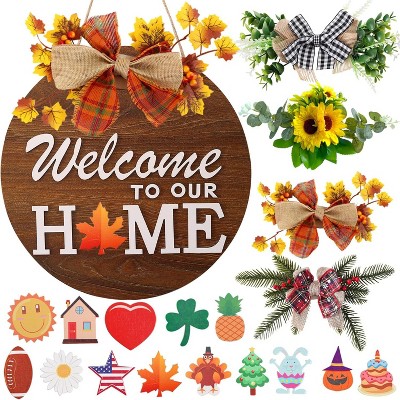 Attop Interchangeable Welcome Sign with 4 Wreaths & 14 Icons - Rustic Farmhouse Wooden Wreath for Front Door, All Season Porch and Home Decor