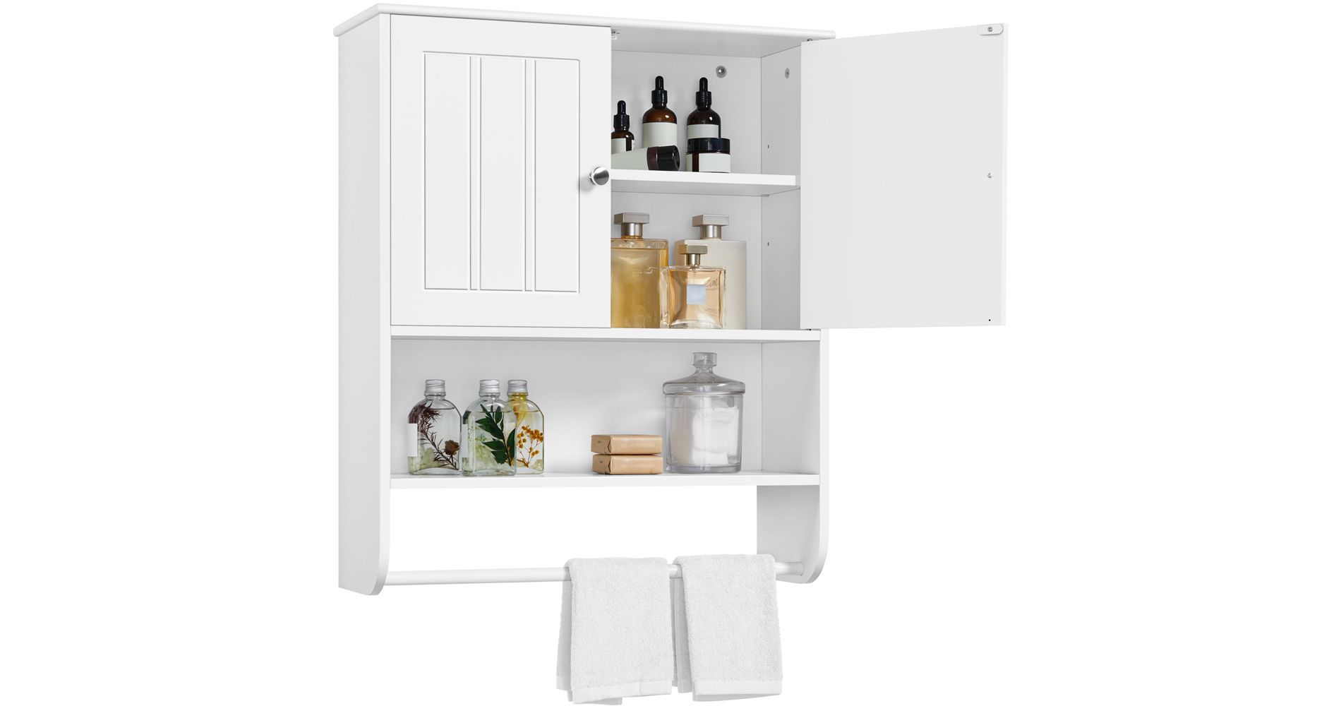 Yaheetech Bathroom Wall Cabinet with Towel Bar, Double Doors and Adjustable Shelf for Living Room, Laundry Room, Mudroom, White