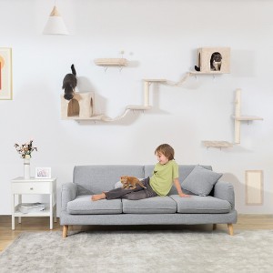 FURNIinspire Pet Tower Furniture with 2 Cat Condos House, 3 Cat Wall Shelves, 2 Ladder, 1 Cat Perch, Cat Scratching Posts Pad, Beige, 12"*13.55"*28" - 1 of 4