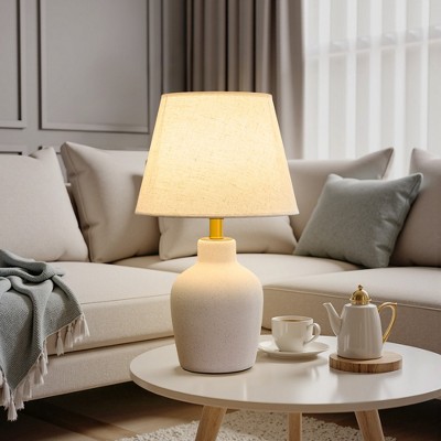 POWLIG 19.4" Modern Ceramic Table Lamp with Linen Shade - Frosted White for Bedroom, Living Room & Office