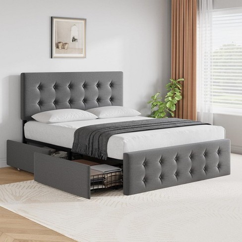 Queen Size Platform Bed Frame with Headboard and 4 Storage Drawers, Wooden Slats Support, Square Stitched Button Tufted, No Box Spring Needed, Noise Free, Easy Assembly, Grey - image 1 of 4