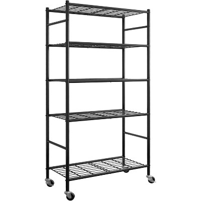 Storage Shelves Organizer - 5 Tier Metal Shelf Organizer with Metal Wheels and Adjustable Leveling Feet