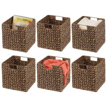 mDesign Hyacinth Woven Cube Bin Basket Organizer, Handles, 6 Pack, Brown Wash