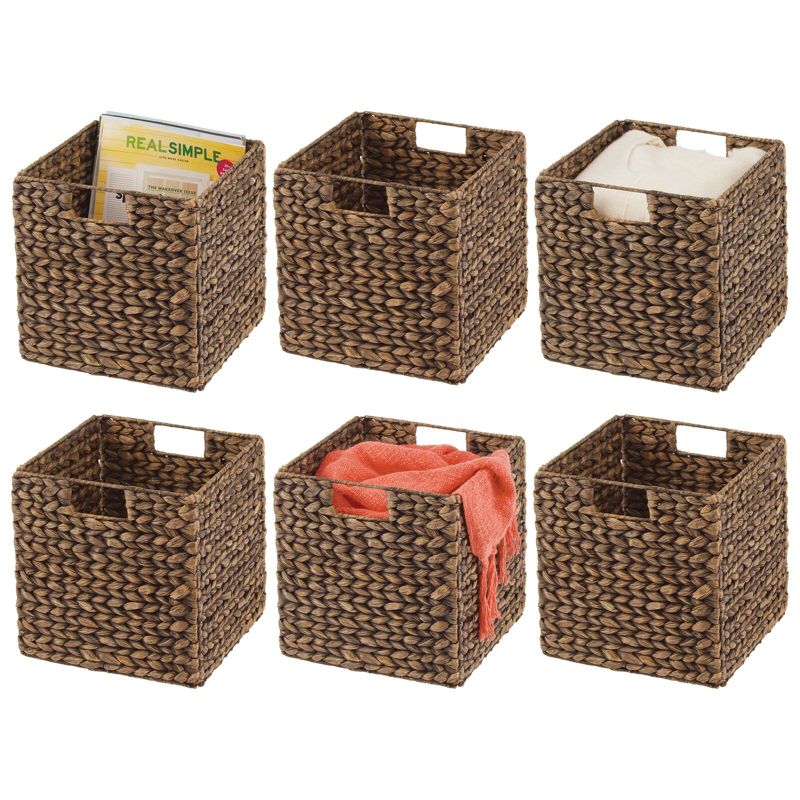 mDesign Hyacinth Woven Cube Bin Basket Organizer, Handles, 6 Pack, Brown Wash, 1 of 10