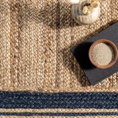 Handmade Natural Jute Area Rug with Navy Border