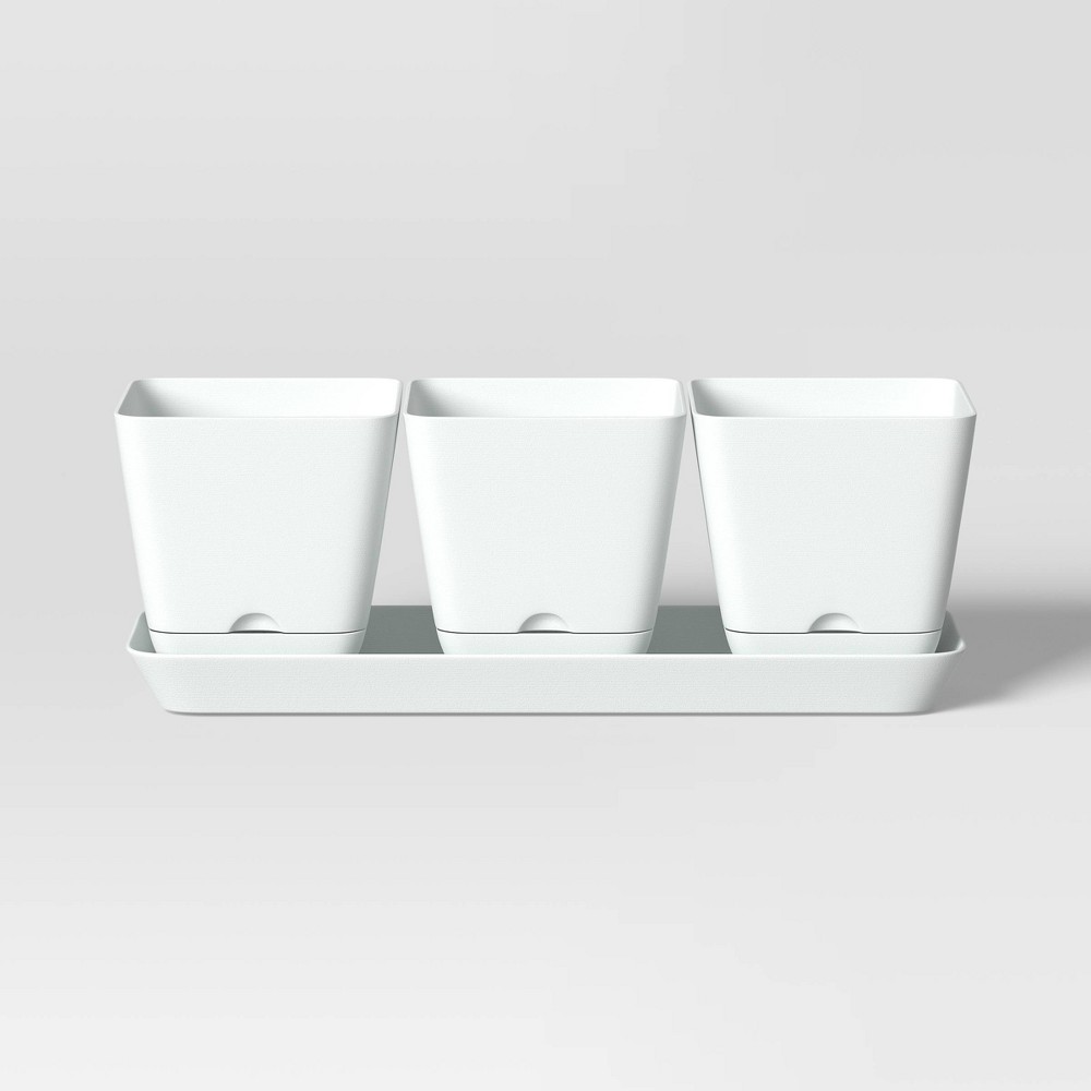 Photos - Flower Pot 4pc Square Indoor Outdoor 3 Planter Pots with 1 Saucer White 12.2"x4" - Ro