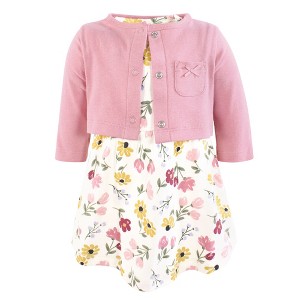 Hudson Baby Infant and Toddler Girls Cotton Dress and Cardigan Set, Soft Painted Floral - 1 of 4