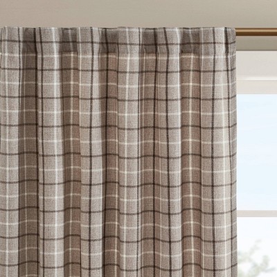Brown Plaid Polyester Light-Filtering Curtain Panel with Fleece Lining