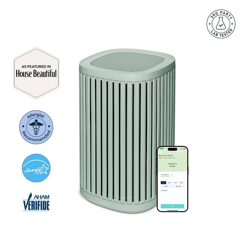 Windmill Compact Air Purifier for Home 3-in-1 Filtration Ultra-Quiet True HEPA Medical Grade Covers Up To 975 sq ft Sage Green