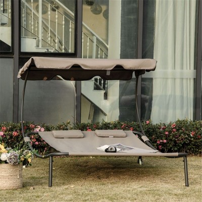 CAVINAS Folding Bed Beach Chair with Wheels & Headrest Pillows,Adjustable Canopy Lounge Chair for Outdoor,Lawn,Backyard