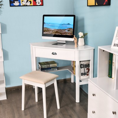 White Corner Wood Computer Desk with Drawer and Shelf
