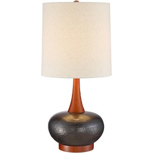 360 Lighting Mid-Century Modern Table Lamp with USB Charging Port 24.5" High Brown Ceramic Off-White Cylinder Shade Bedroom House (Color May Vary) - 1 of 4