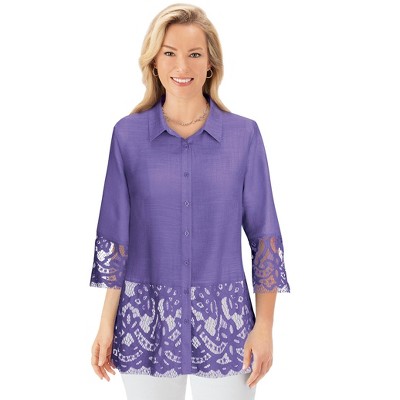Collections Etc Lace Hem & Sleeve Button-Front Woven Shirt