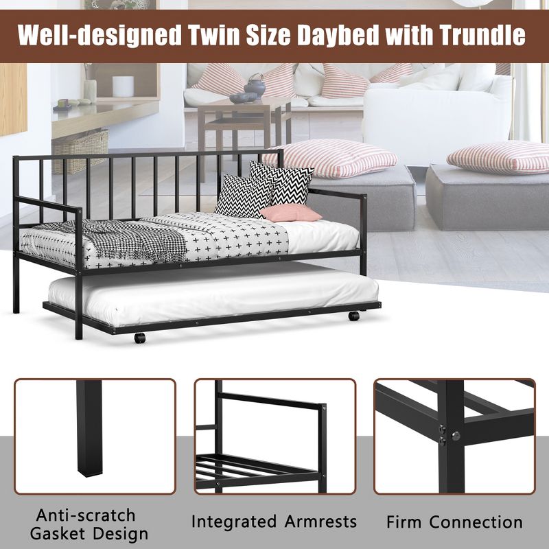 Costway Twin Metal Daybed with Roll Out Trundle Heavy Duty Frame Sofa Bed Set Black, 5 of 11