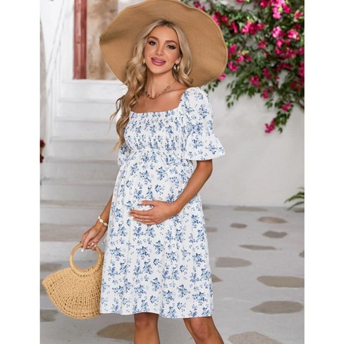 WhizMax Women's Maternity Dress Floral Square Neck A Line Fashion Dress Short Sleeves Maternity Dress for Photography - image 1 of 4