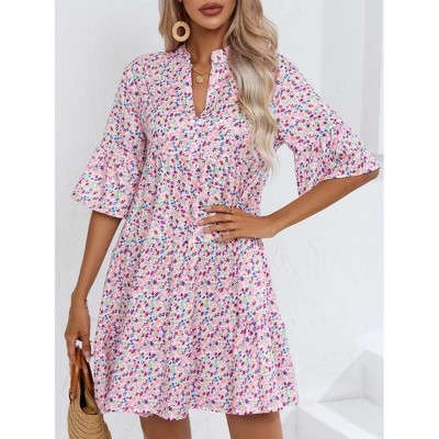 Coolmee Women Summer Mini Dress Ruffle Short Sleeve V Neck A Line Tiered Flowy Loose Casual Beach Short Dress S Pink