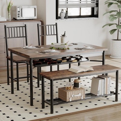 Dining Table Set for 4, Kitchen Table Set for 4 with Upholstered Bench and 2 Chairs