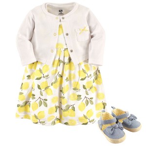 Hudson Baby Infant Girl Cotton Dress, Cardigan and Shoe 3pc Set, Lemon - 1 of 2