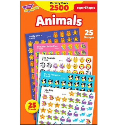 Trend Enterprises Super Shapes Animal Stickers, Incentive Variety pk, 13/32 in, pk of 2500