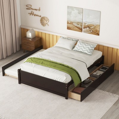 Sapphtopaz Modern Full Size Bed Frame without Headboard Wood Platform Bed Frame with Twin Size Trundle Bed for Bedroom