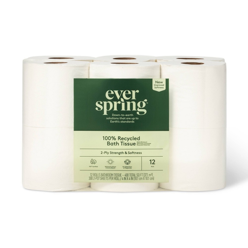 100% Recycled Toilet Paper - 12 Rolls - Everspring