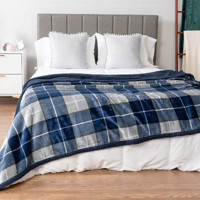 Navy Plaid Twin Reversible Sherpa Fleece Blanket