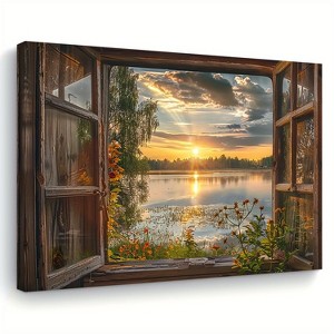 1pc Rustic Wooden Framed Canvas Painting, Serene Lake View Mural, Wall Art Print for Living Room, Bedroom, Kitchen, Home & Office Decor - 1 of 4