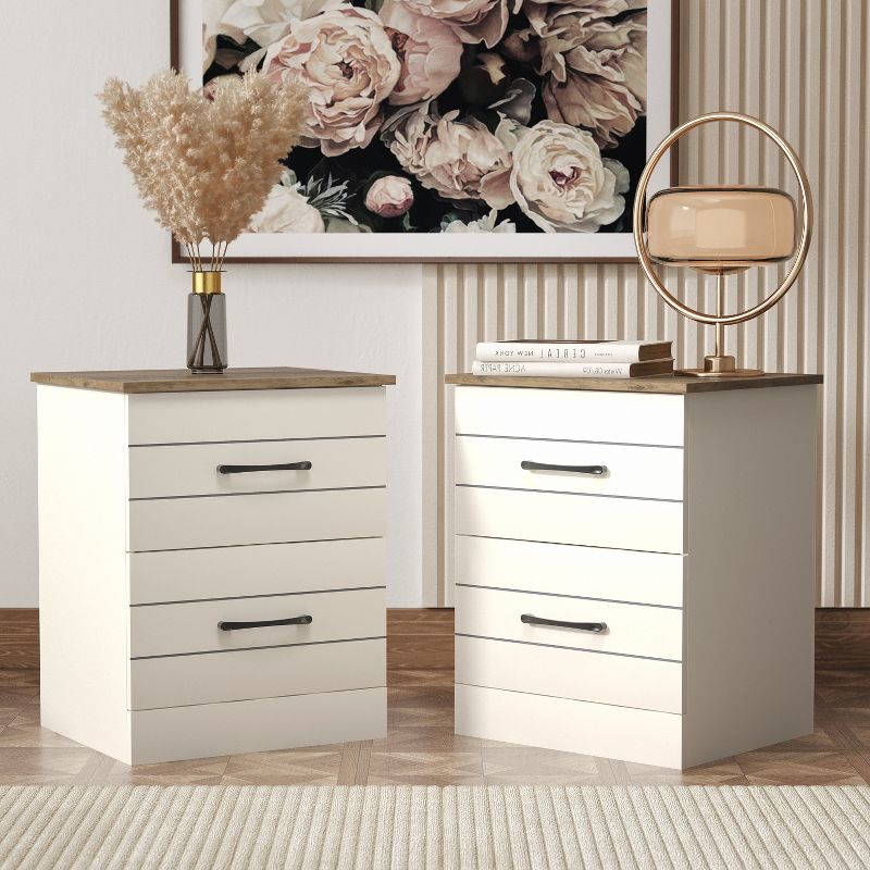 Galano Elis 2 Drawers Nightstand in Ivory with Knotty Oak, Amber Walnut (Set of 2), 1 of 12