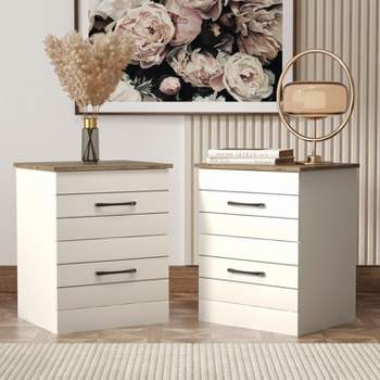 Galano Elis 2 Drawers Nightstand in Ivory with Knotty Oak, Amber Walnut (Set of 2)