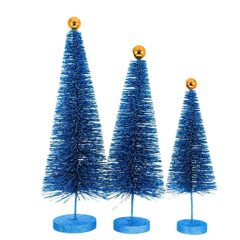 Cody Foster 18.0 Inch Blue Glitter Trees 3 Pc Set Christmas Village Decorate Bottle Brush Trees, 3 of 4