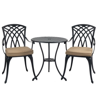 3 Piece Bistro Table Set Cast Aluminum Outdoor Patio Furniture with Umbrella Hole and Grey Cushions for Patio Balcony