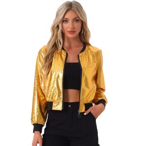 INSPIRE CHIC Women's Holographic Fashion Stand Collar Metallic Lightweight Zip Bomber Jacket - 1 of 4