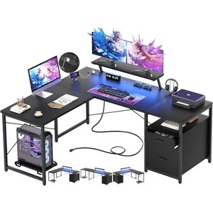 Aheaplus L-Shaped Desk with File Drawer, Reversible Computer Desk with Power Outlet and LED Strip, Corner Writing Desk with Monitor Stand - 1 of 4